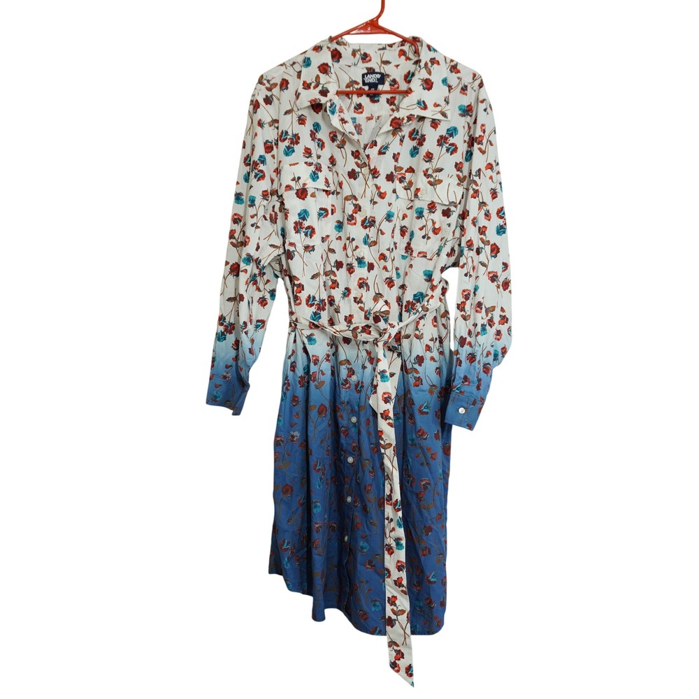 Lands End Womens 3X Floral Ombre Shirt Dress Blue White Dip Dye Long Sleeve Belt